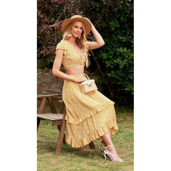 Yellow Floral Two-Piece Outfit With Crop Top & Ruffle Midi Skirt Summer Style Si - Picture 3 of 4